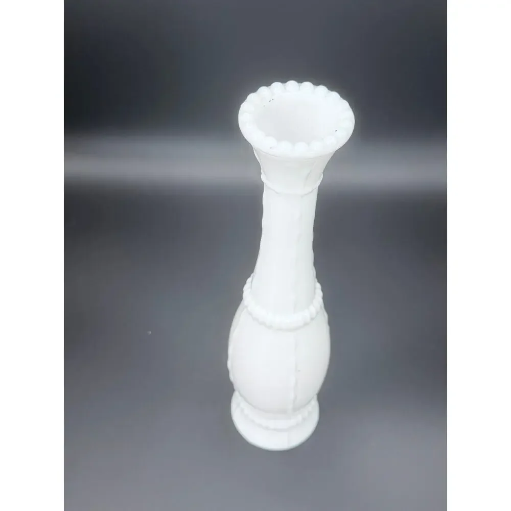 Vintage Hazel Atlas Milk Glass Bead & Stitch Bud Vase 10.5 in MCM